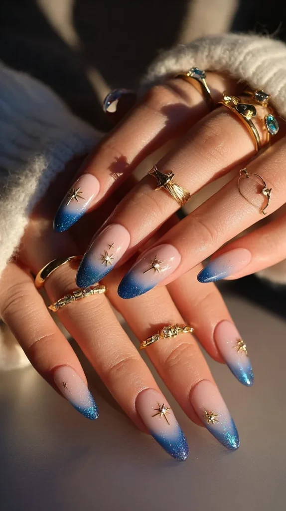 Collection of 30 dark blue nail designs for winter showcasing various styles and patterns.