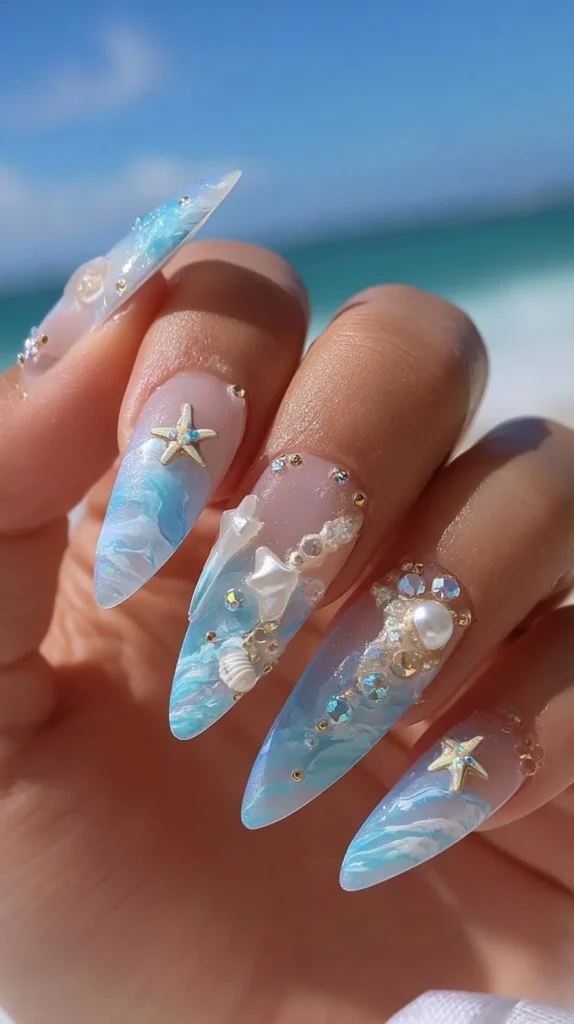 Beautiful sea-inspired nails showcasing coastal designs and colors.