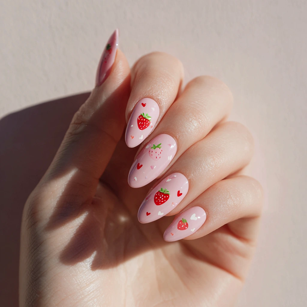 Pink Strawberry Heart Press-On Nails a Pink Strawberry Heart Press-On Nails