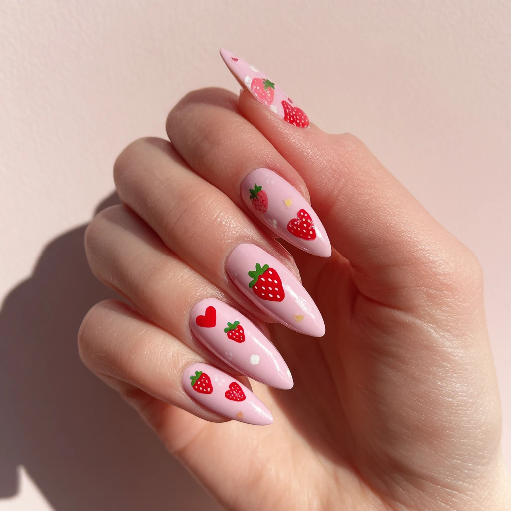 Pink Strawberry Heart Press-On Nails b Pink Strawberry Heart Press-On Nails