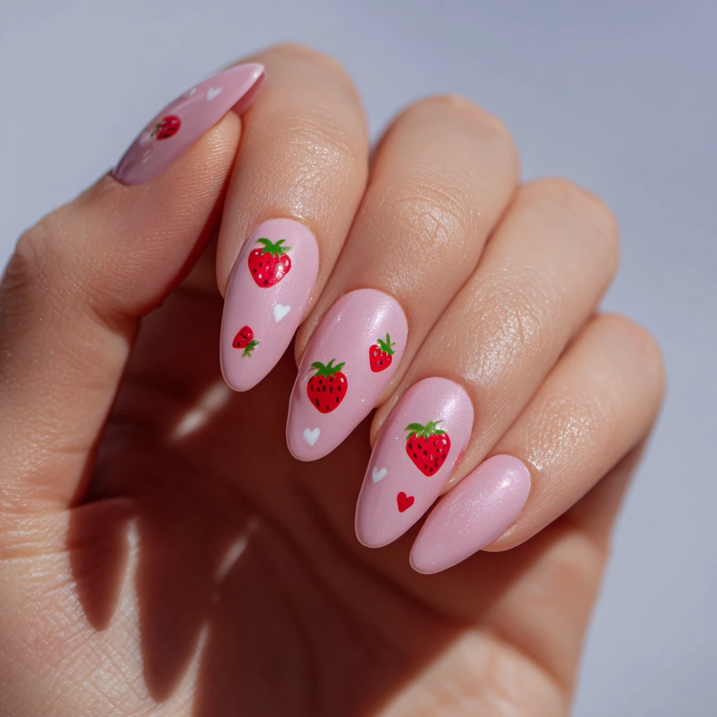 Pink Strawberry Heart Press-On Nails c Pink Strawberry Heart Press-On Nails