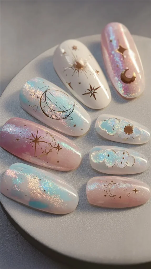 Celestial press on nails with rose gold moon and star design and glitter ombre tips