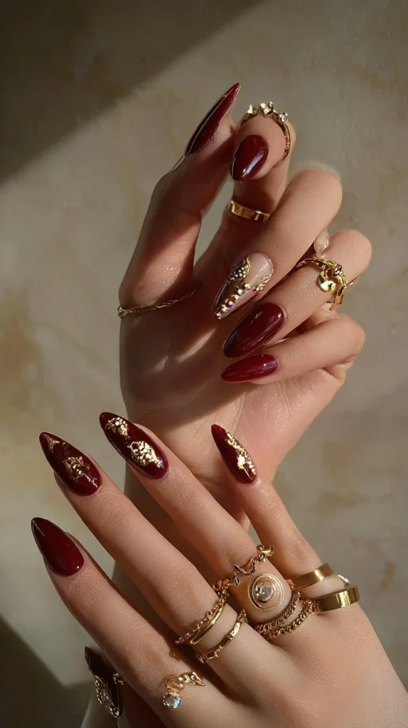 Stylish Cherry Mocha Nails showcasing a rich, warm brown and cherry red color blend.