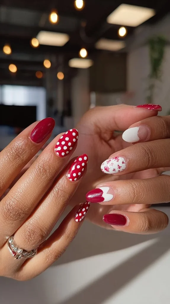Polka dot nails showcased by licensed nail tech Liv Tandy on Instagram.
