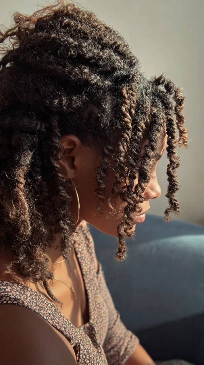 Woman showcasing stylish mini twists hairstyle with a modern upgrade.