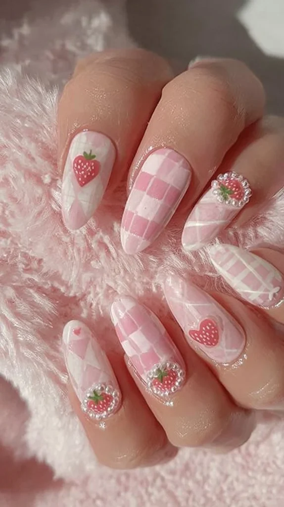 Pink Strawberry Heart Press On Nails with 3D bows and pearls in a soft glossy finish.
