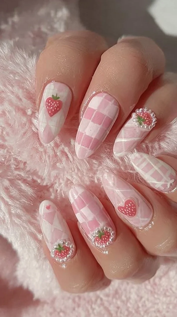 Pink Strawberry Heart Press On Nails with 3D bows and pearls in a soft glossy finish.