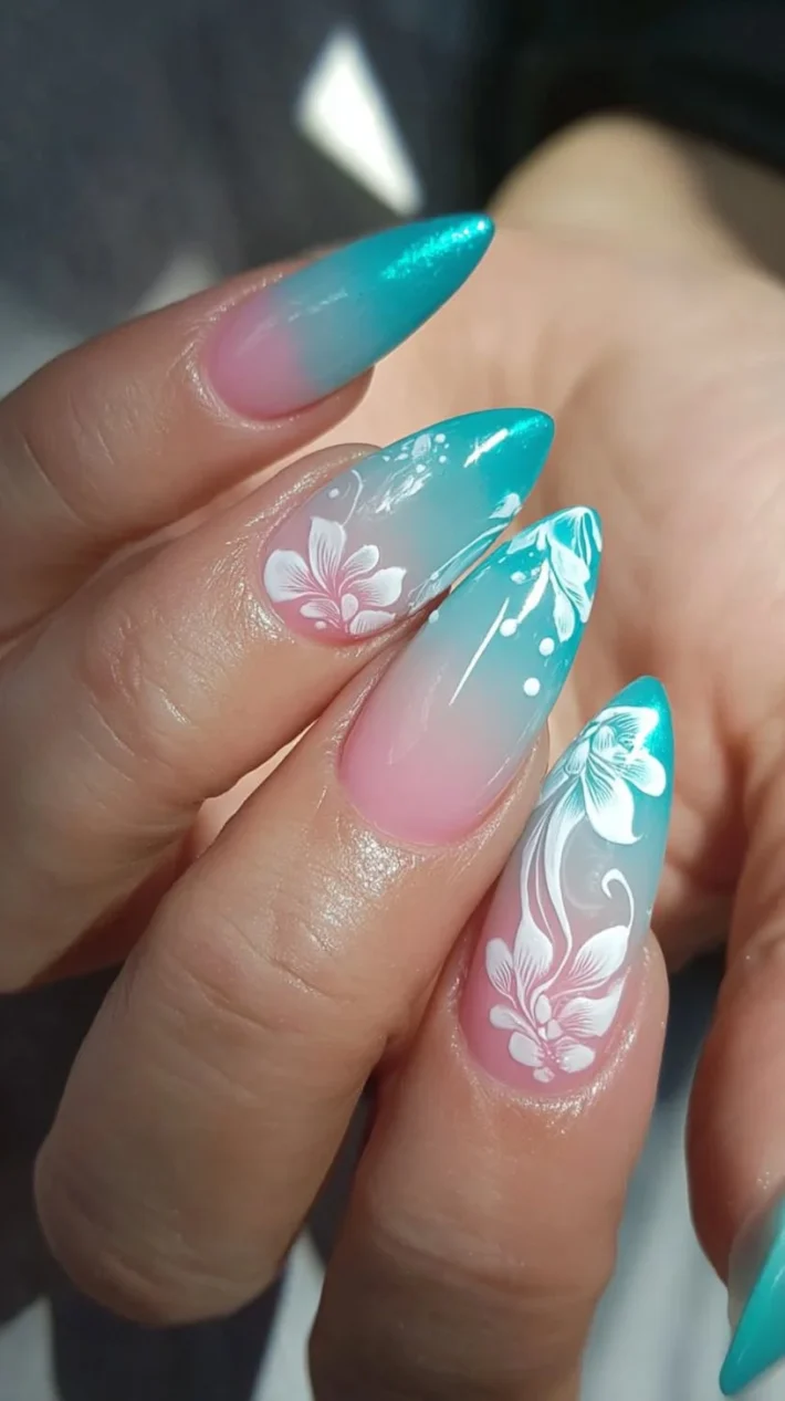 Tropical Blue Hawaii nail art featuring beach-inspired designs and colors