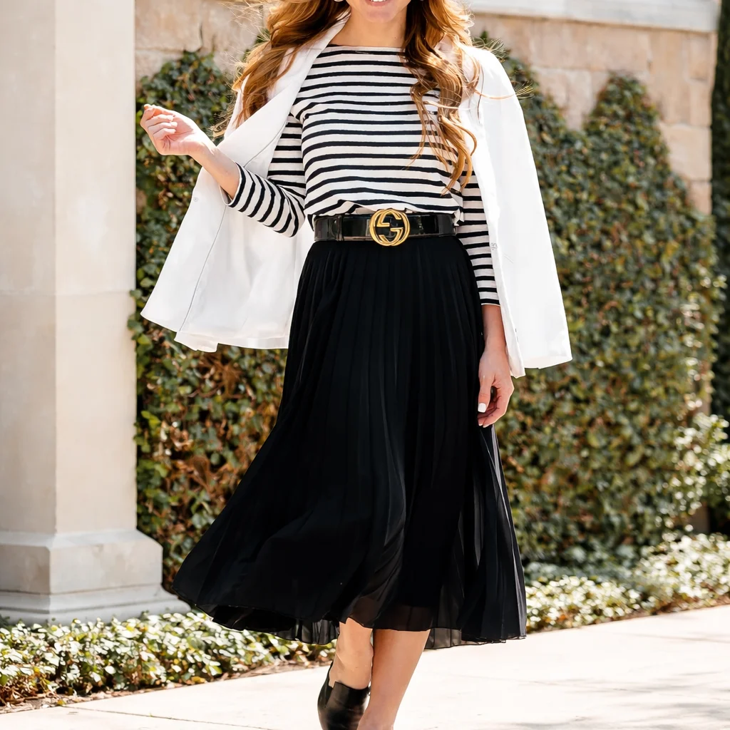 A minimalist chic outfit featuring neutral colors and elegant, tailored pieces.