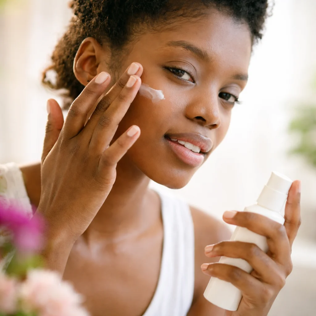 Woman applying moisturizer during winter to maintain healthy skin care routine.