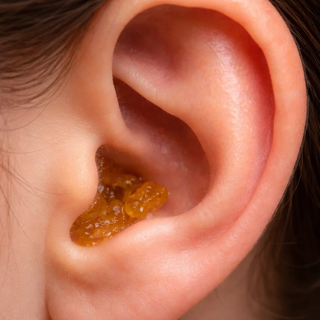 A person demonstrating safe ear cleaning methods with cotton swabs and drops.