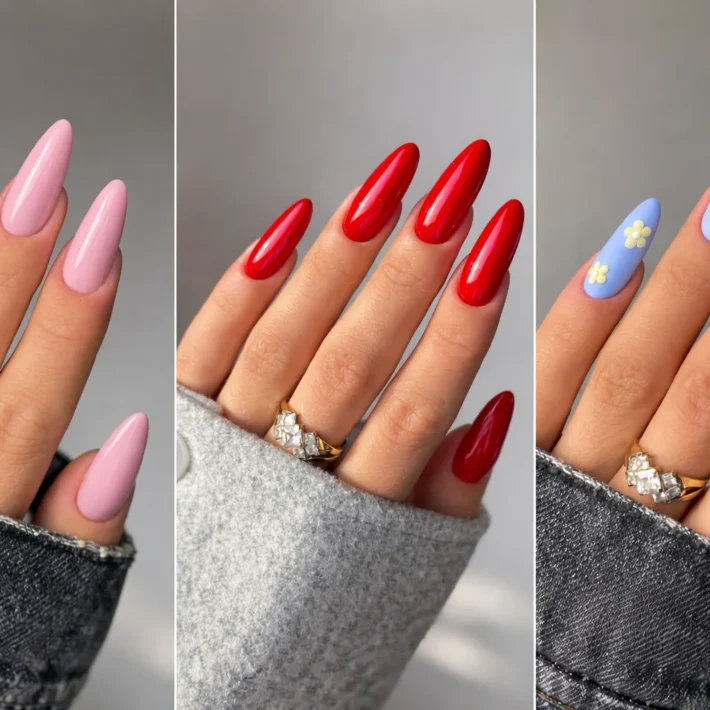 Vibrant spring acrylic nails with floral designs and pastel colors.