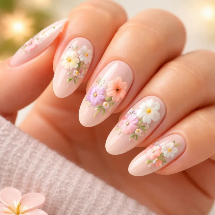 Spring nails with pastel colors and floral designs at Spring Nails & Spa.