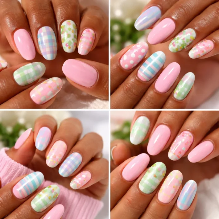 A vivid display of spring 2026 nail trends featuring milky pastels and floral designs.