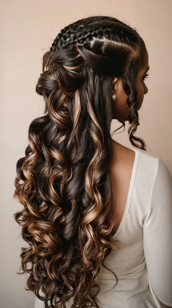 Glamorous long highlighted braids with loose curls for Black girls hairstyles in 2025.