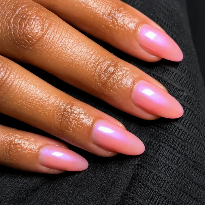 Shiny spring chrome nails in pastel shades and floral designs.