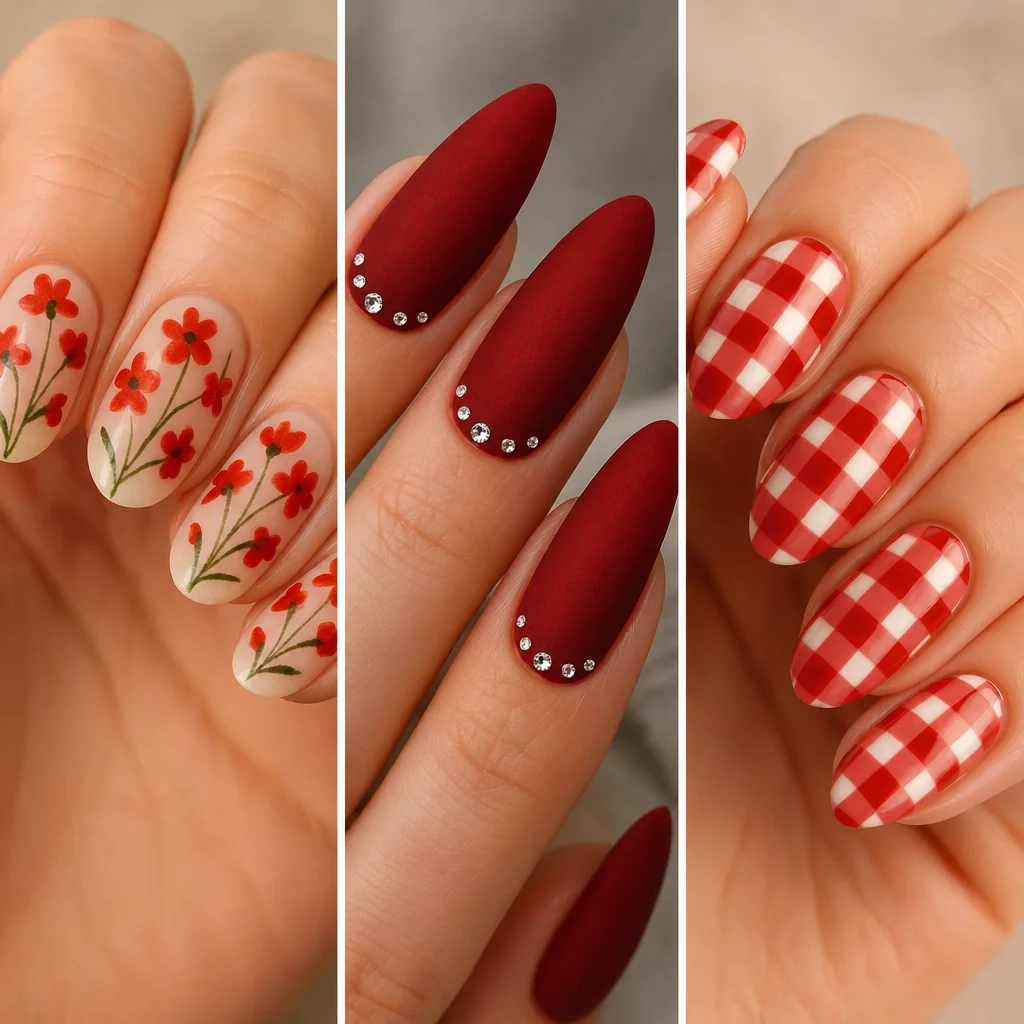 A collection of stunning red spring nails showcasing various designs and shades.