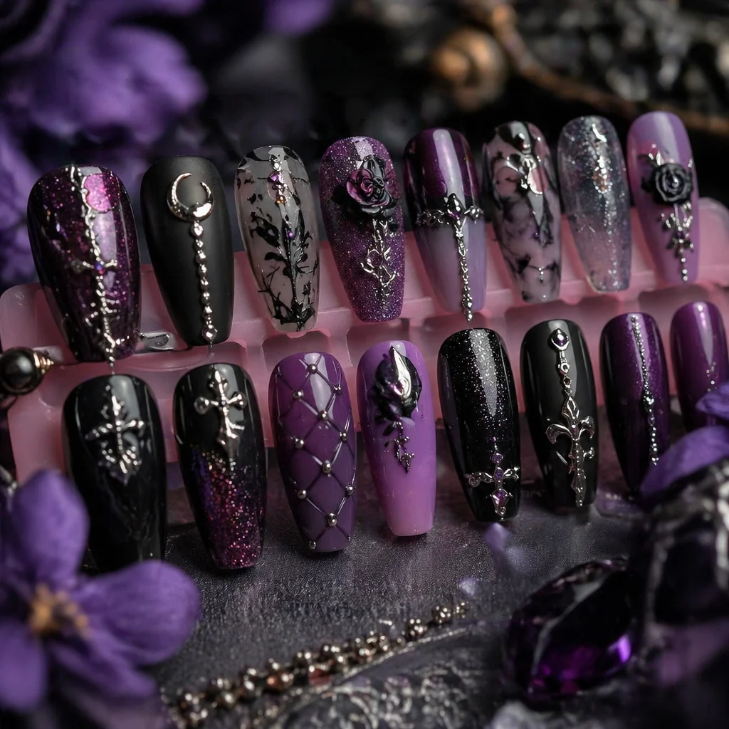Goth spring nails featuring dark floral designs and edgy aesthetics.