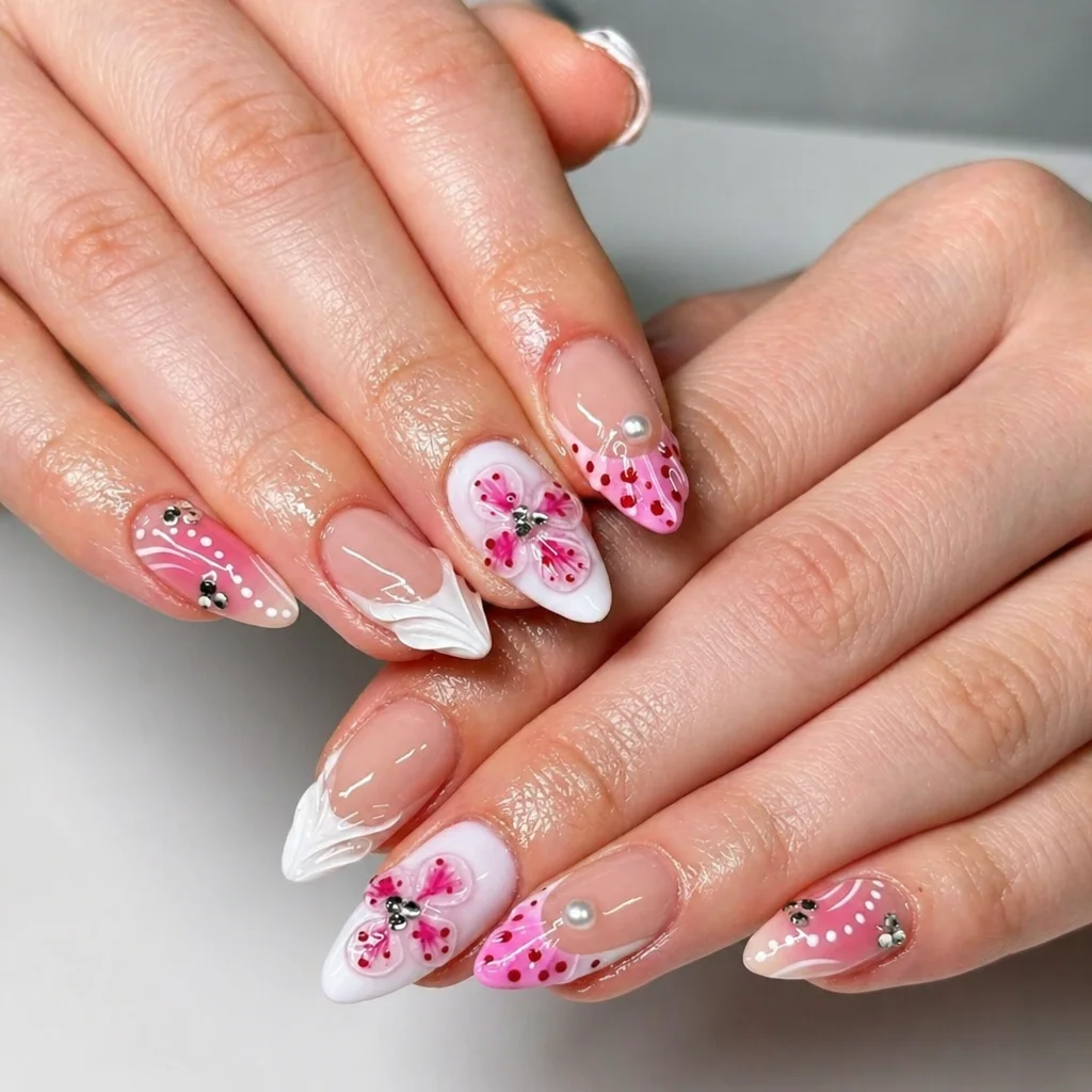 A collection of basic spring nails featuring pastel colors and simple designs.
