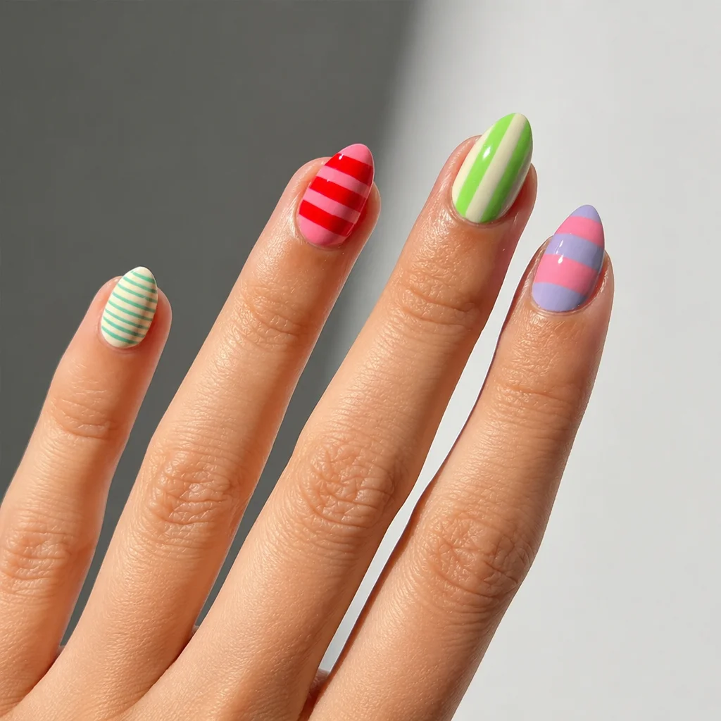 Spring nails with playful stripes showcasing trendy designs for manicures.