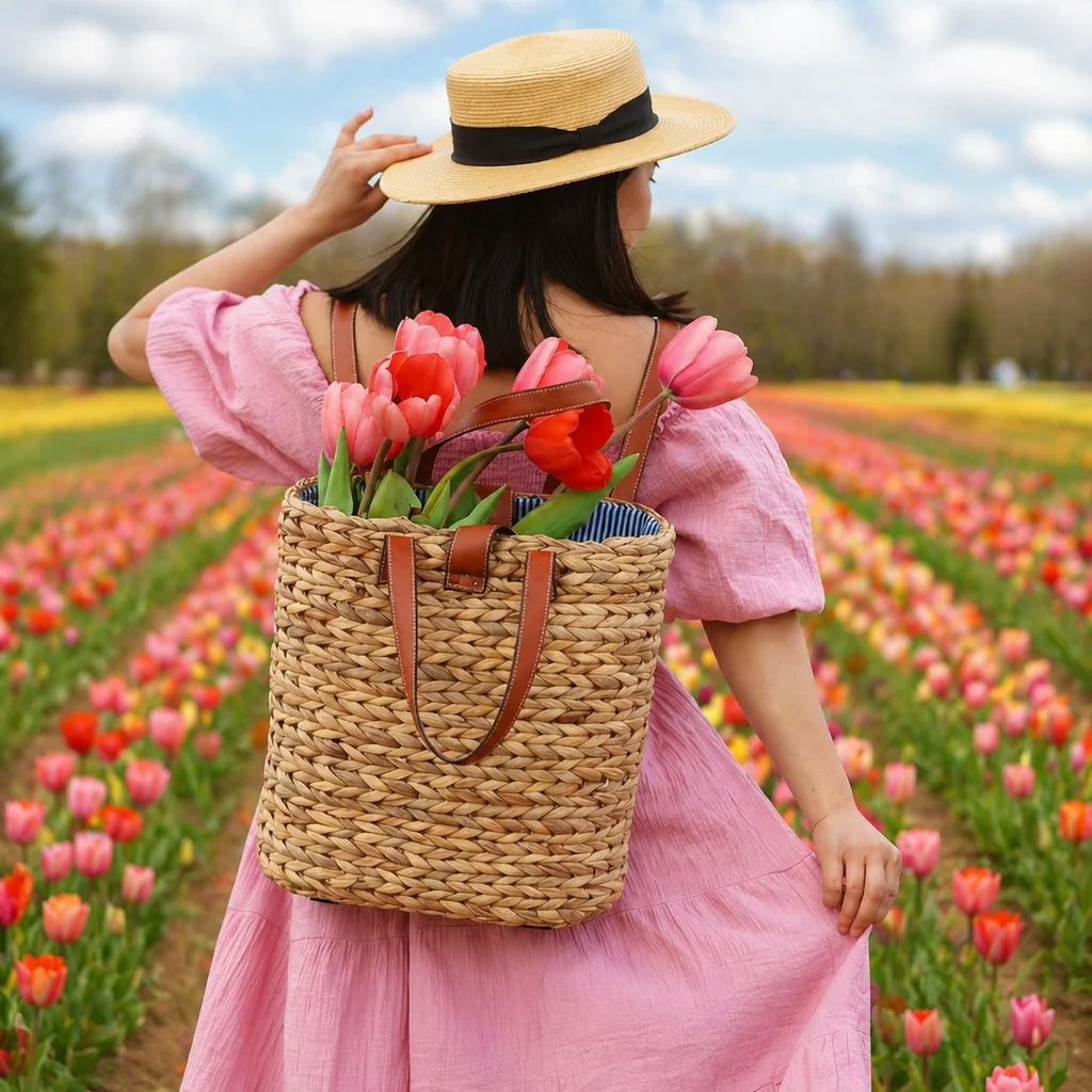 Chic tulip farm outfit featuring floral dress and pastel accessories in vibrant tulip fields.
