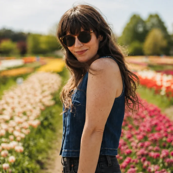 Woman standing in a tulip field wearing a stylish outfit for a photoshoot.