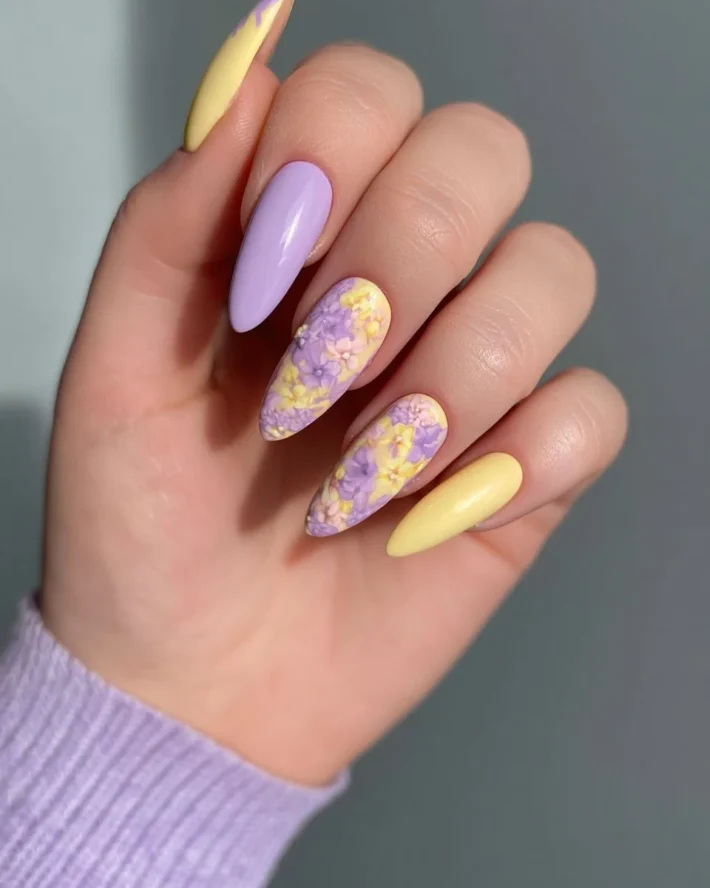 Lavender and lemon floral almond nails design