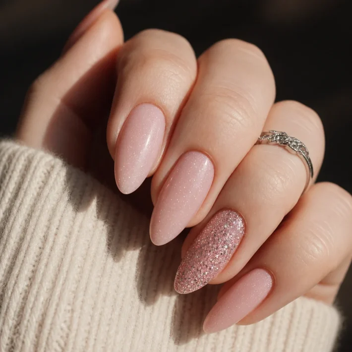 Glitter Accent Nails featuring gold glitter accents on a neutral jelly mani in oval shape.
